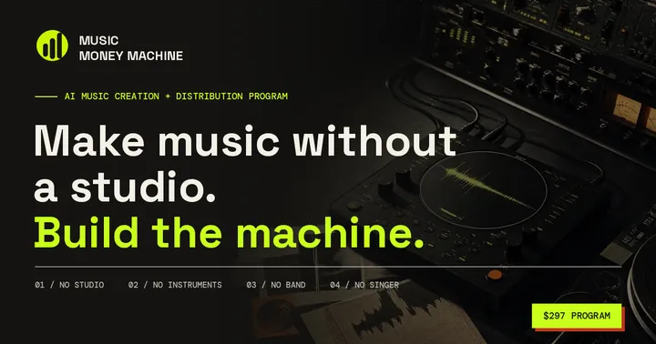Music Money Machine program page header: Make music without a studio. Build the machine.